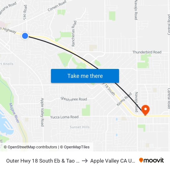 Outer Hwy 18 South Eb & Tao Rd to Apple Valley CA USA map