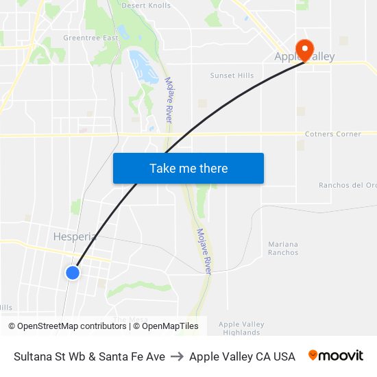 Sultana St Wb & Santa Fe Ave to Apple Valley CA USA map