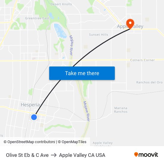 Olive St Eb & C Ave to Apple Valley CA USA map