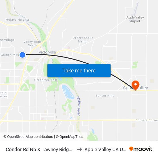 Condor Rd Nb & Tawney Ridge Ln to Apple Valley CA USA map