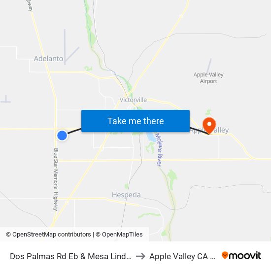 Dos Palmas Rd Eb & Mesa Linda Ave to Apple Valley CA USA map