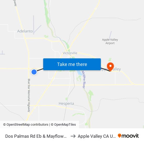 Dos Palmas Rd Eb & Mayflower St to Apple Valley CA USA map