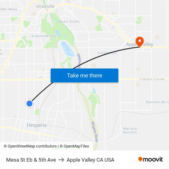 Mesa St Eb & 5th Ave to Apple Valley CA USA map