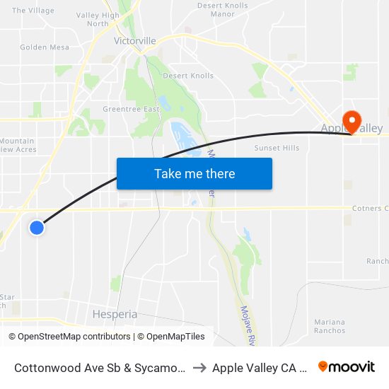 Cottonwood Ave Sb & Sycamore St to Apple Valley CA USA map