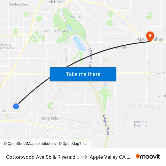 Cottonwood Ave Sb & Riverside St to Apple Valley CA USA map