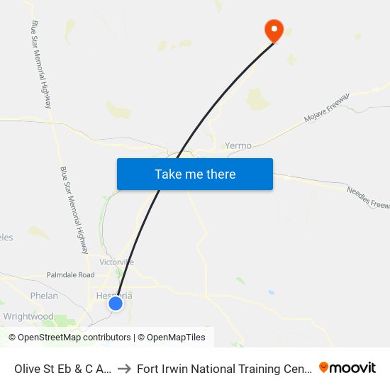 Olive St Eb & C Ave to Fort Irwin National Training Center map