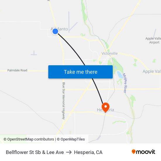 Bellflower St Sb & Lee Ave to Hesperia, CA map