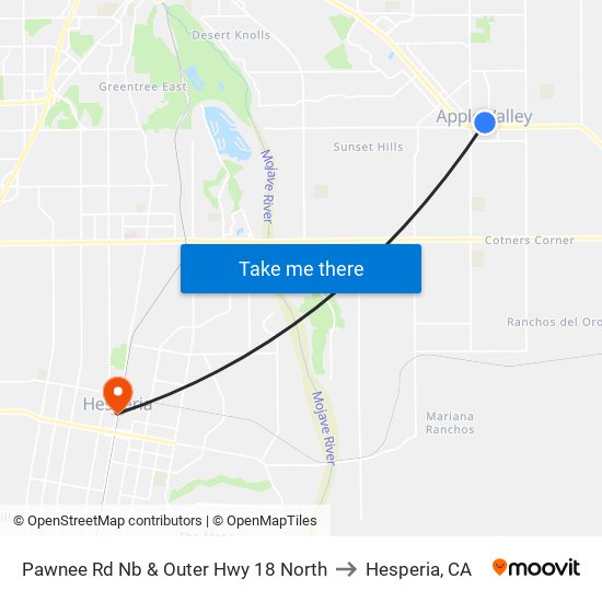 Pawnee Rd Nb & Outer Hwy 18 North to Hesperia, CA map