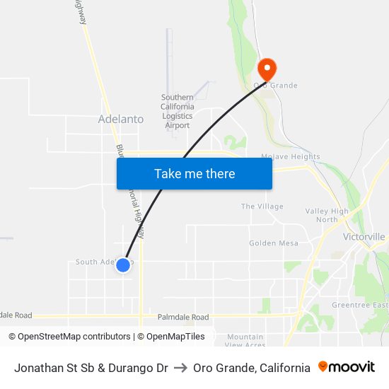 Jonathan St Sb & Durango Dr to Oro Grande, California map