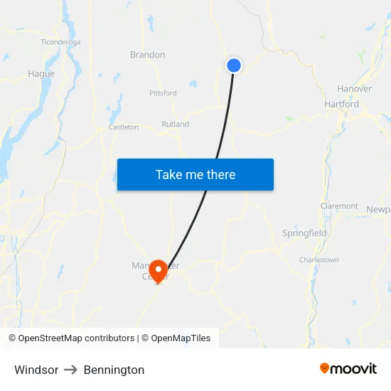 Windsor to Bennington map