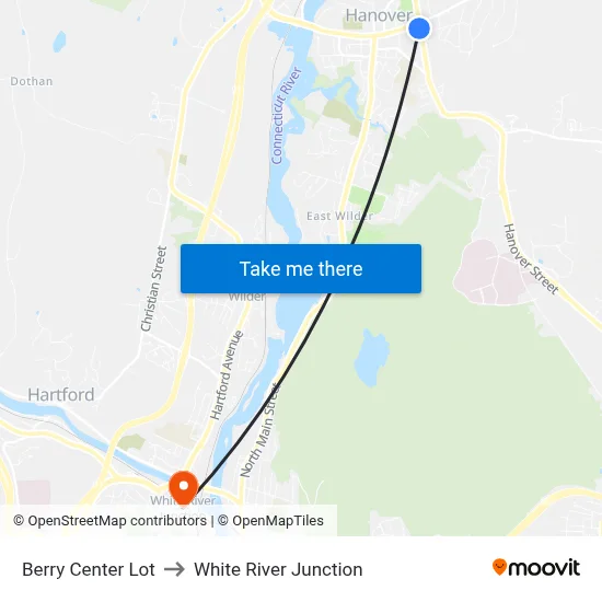 Berry Center Lot to White River Junction map