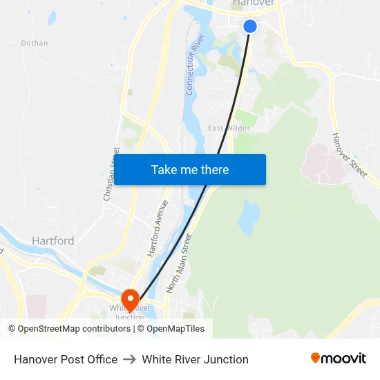 Hanover Post Office to White River Junction map