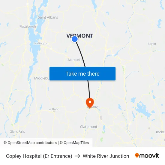 Copley Hospital (Er Entrance) to White River Junction map