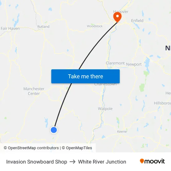 Invasion Snowboard Shop to White River Junction map