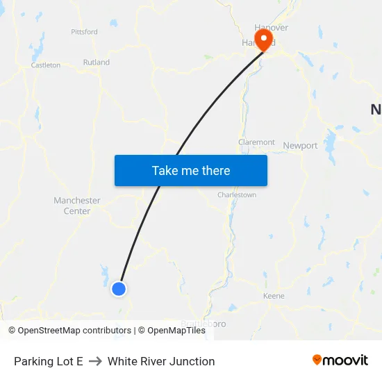 Parking Lot E to White River Junction map