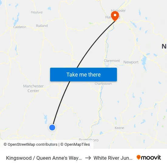 Kingswood / Queen Anne's Way (West) to White River Junction map