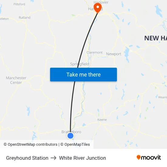 Greyhound Station to White River Junction map