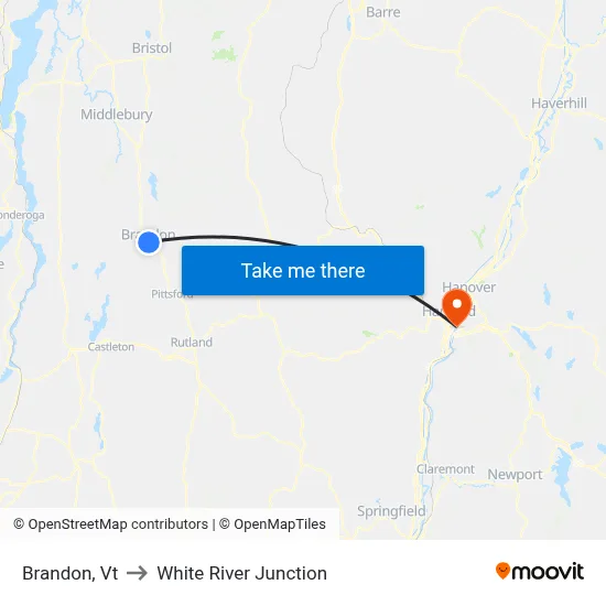 Brandon, Vt to White River Junction map