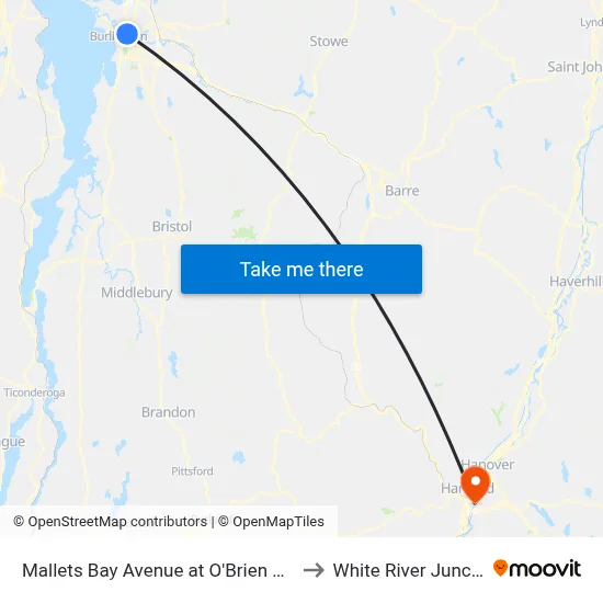 Mallets Bay Avenue at O'Brien Center to White River Junction map