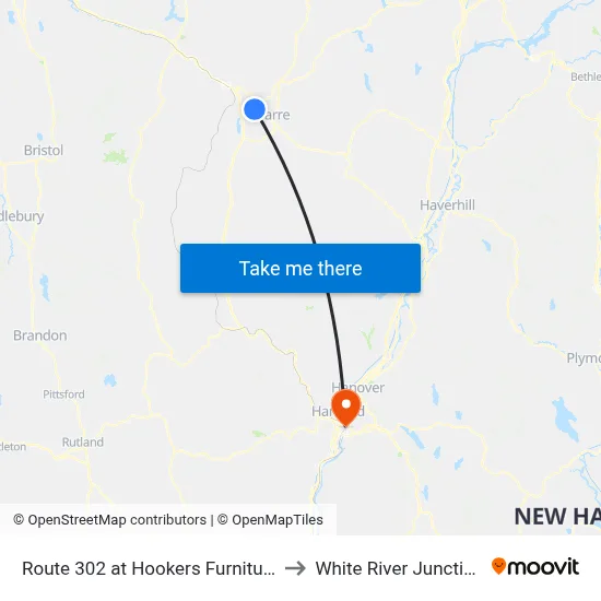 Route 302 at Hookers Furniture to White River Junction map