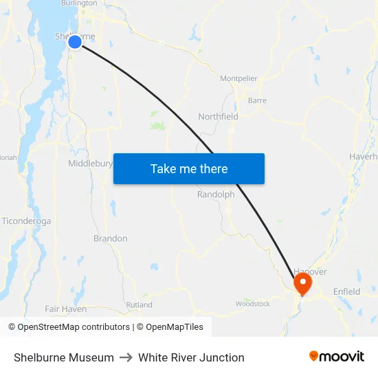 Shelburne Museum to White River Junction map