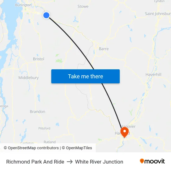Richmond Park And Ride to White River Junction map