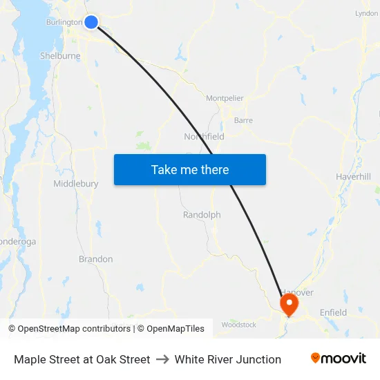 Maple Street at Oak Street to White River Junction map