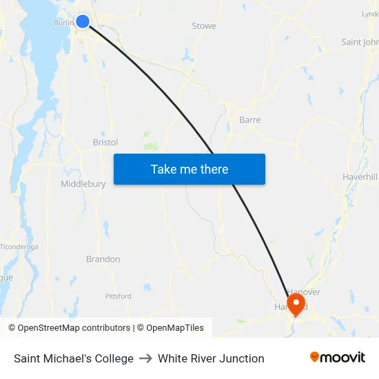 Saint Michael's College to White River Junction map