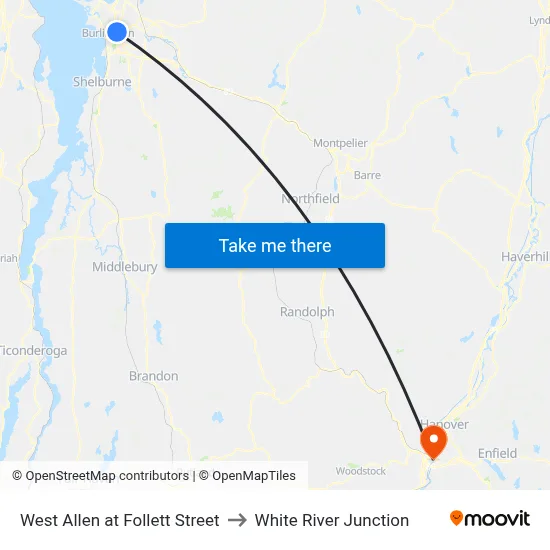 West Allen at Follett Street to White River Junction map