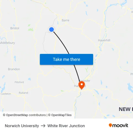 Norwich University to White River Junction map