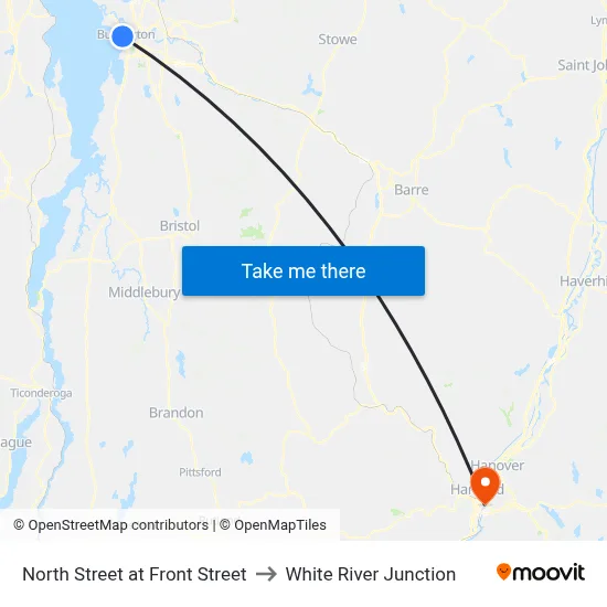 North Street at Front Street to White River Junction map