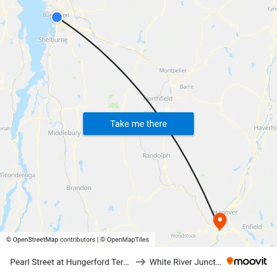 Pearl Street at Hungerford Terrace to White River Junction map