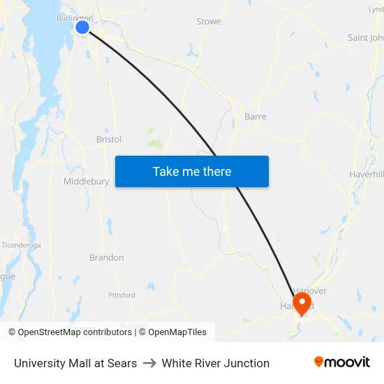 University Mall at Sears to White River Junction map