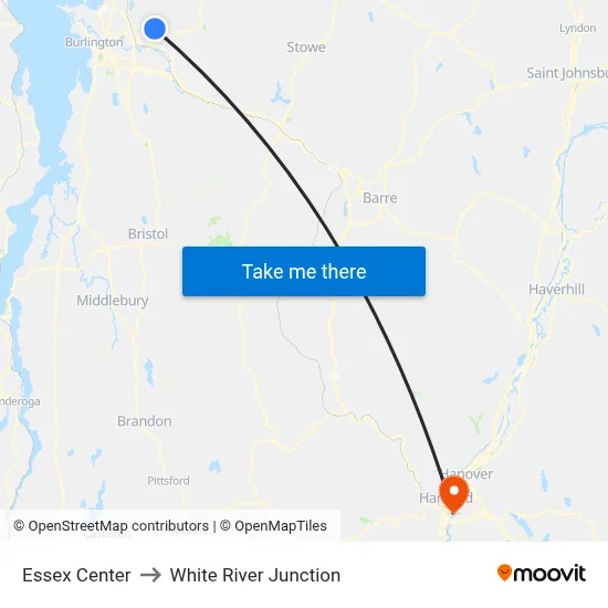 Essex Center to White River Junction map