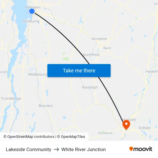Lakeside Community to White River Junction map