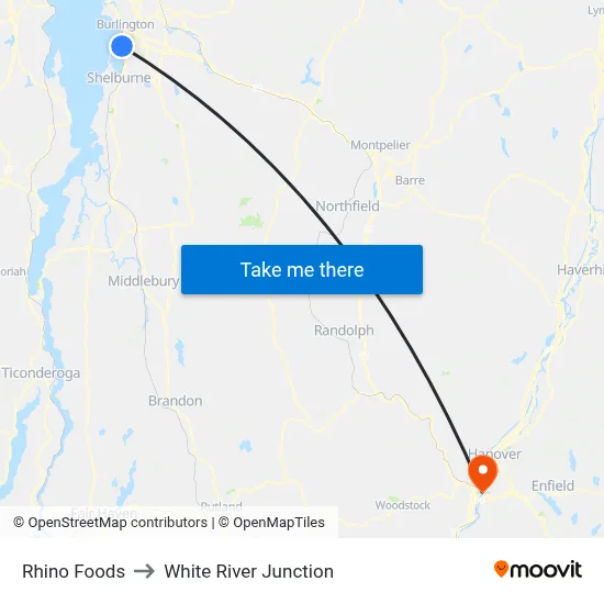 Rhino Foods to White River Junction map