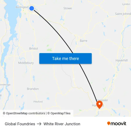 Global Foundries to White River Junction map