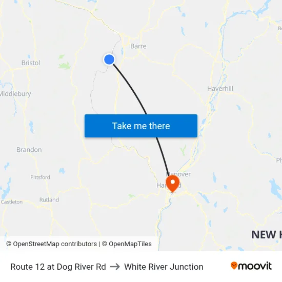 Route 12 at Dog River Rd to White River Junction map