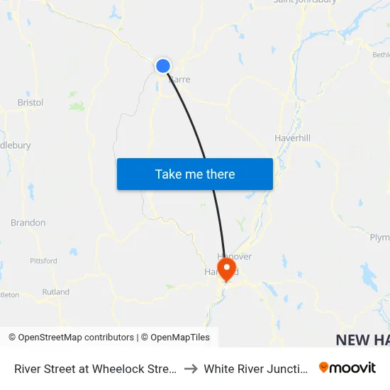 River Street at Wheelock Street to White River Junction map