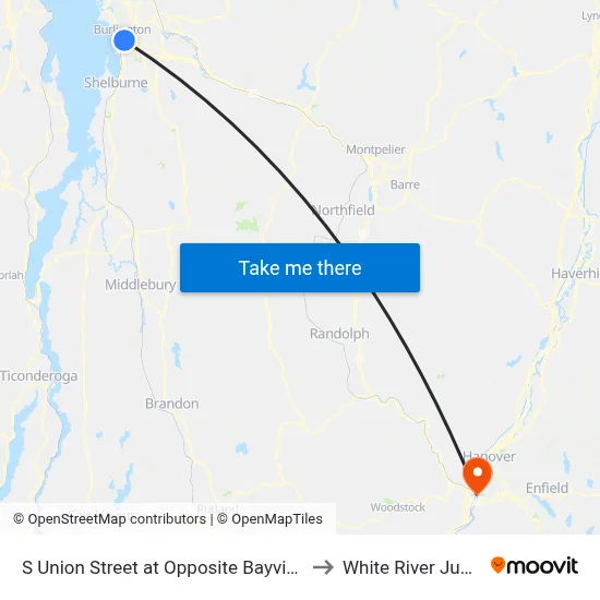 S Union Street at Opposite Bayview Street to White River Junction map