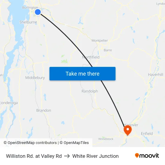 Williston Rd. at Valley Rd to White River Junction map