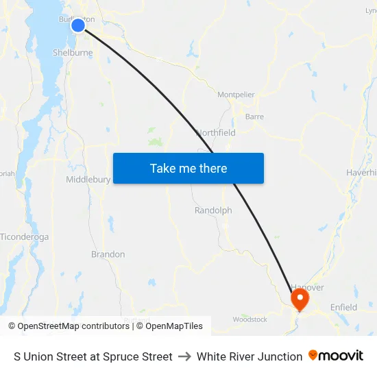 S Union Street at Spruce Street to White River Junction map