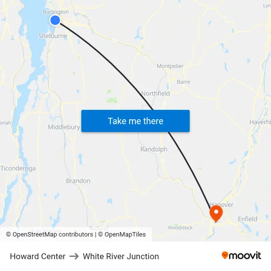 Howard Center to White River Junction map