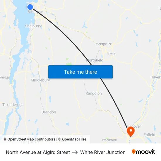 North Avenue at Algird Street to White River Junction map