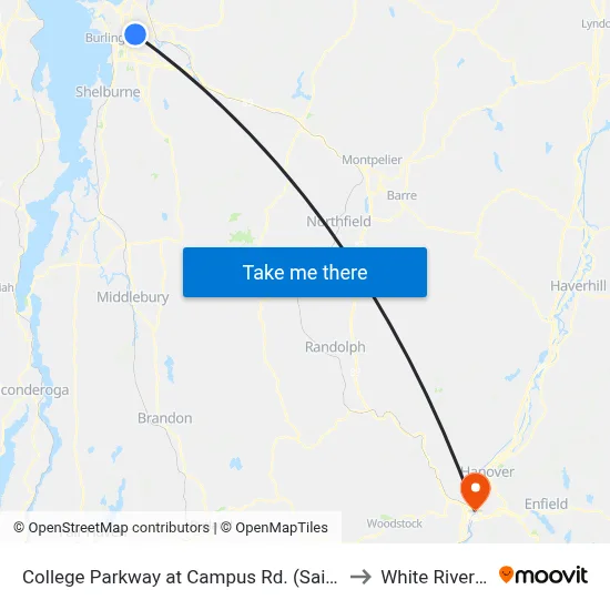 College Parkway at Campus Rd. (Saint Mikes East Entrance) to White River Junction map