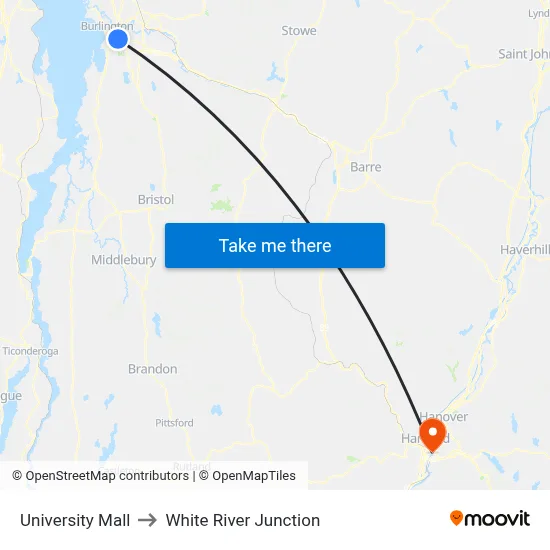University Mall to White River Junction map