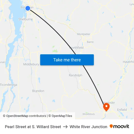 Pearl Street at S. Willard Street to White River Junction map