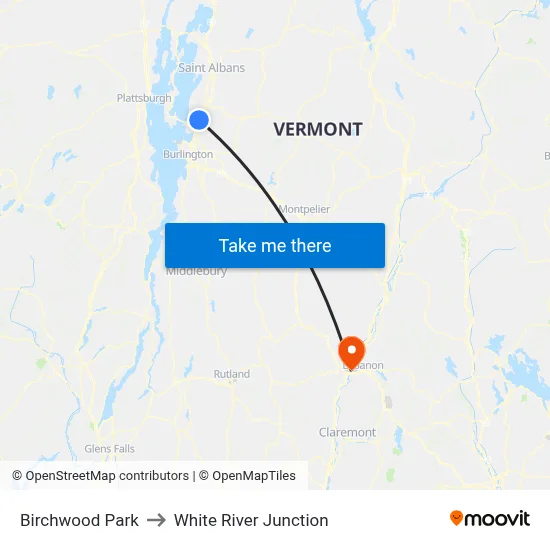 Birchwood Park to White River Junction map