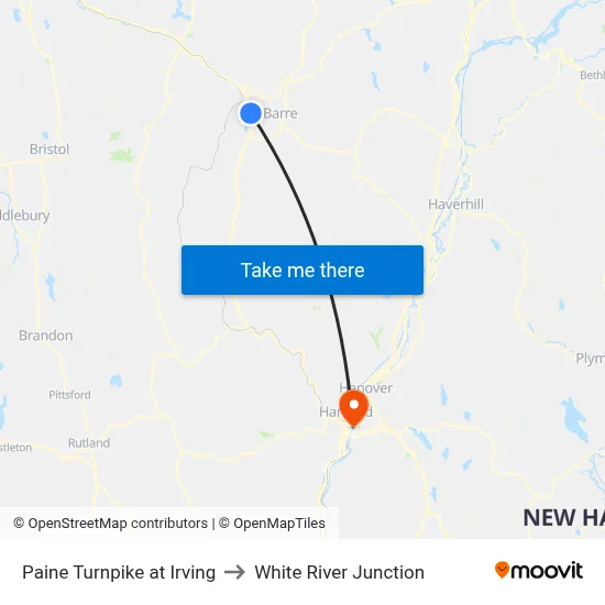 Paine Turnpike at Irving to White River Junction map