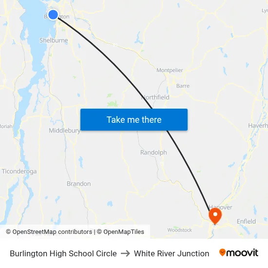 Burlington High School Circle to White River Junction map